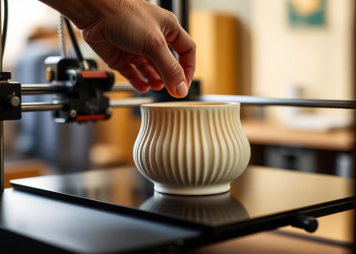 A hand lifting a freshly printed ridged vessel from a 3D printer bed